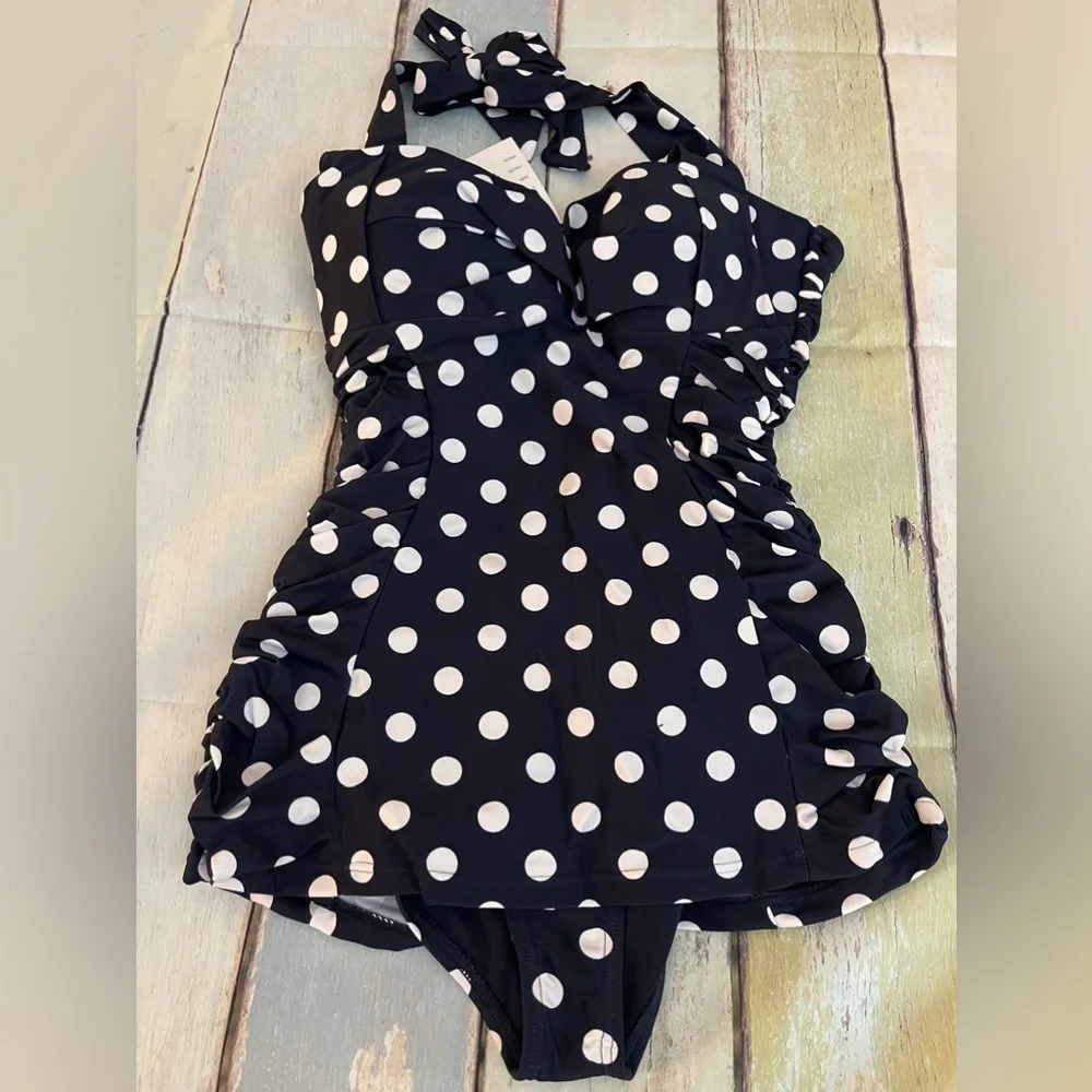 Unique Vintage Navy & White Polka Dot Corinne Halter Sheath Swimsuit,Medium, NWT - Picture 6 of 12